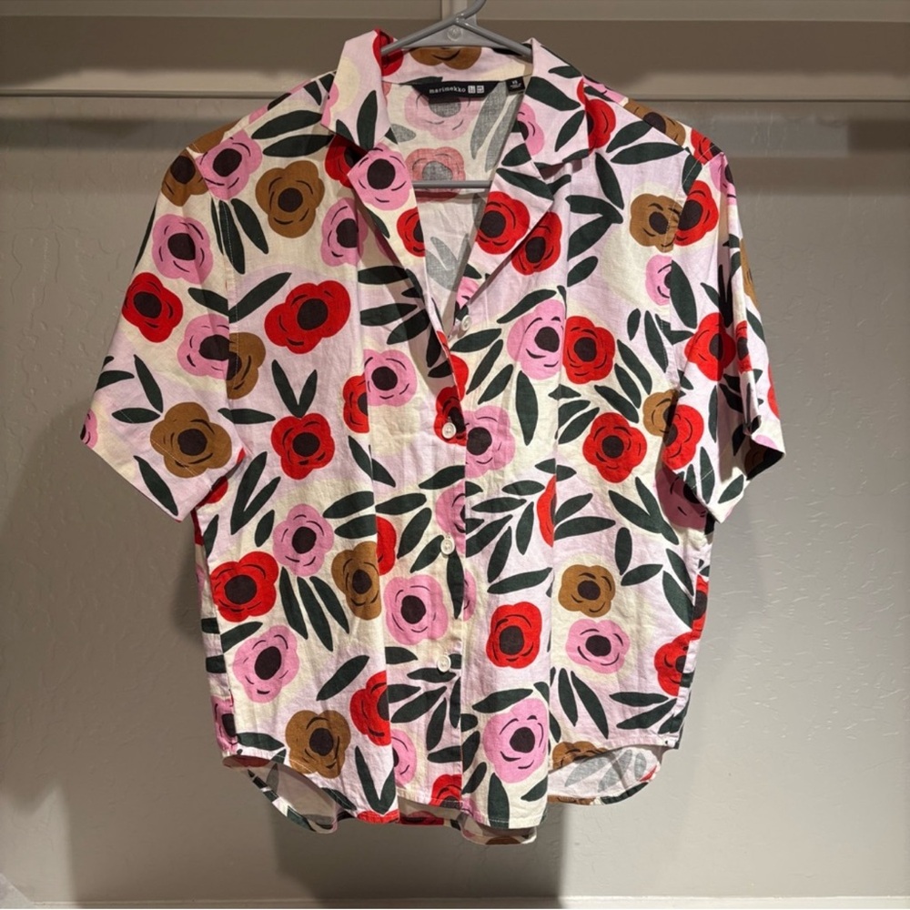 UNIQLO x Marimekko Linen-blend open-collar shirt Short Sleeve floral XS